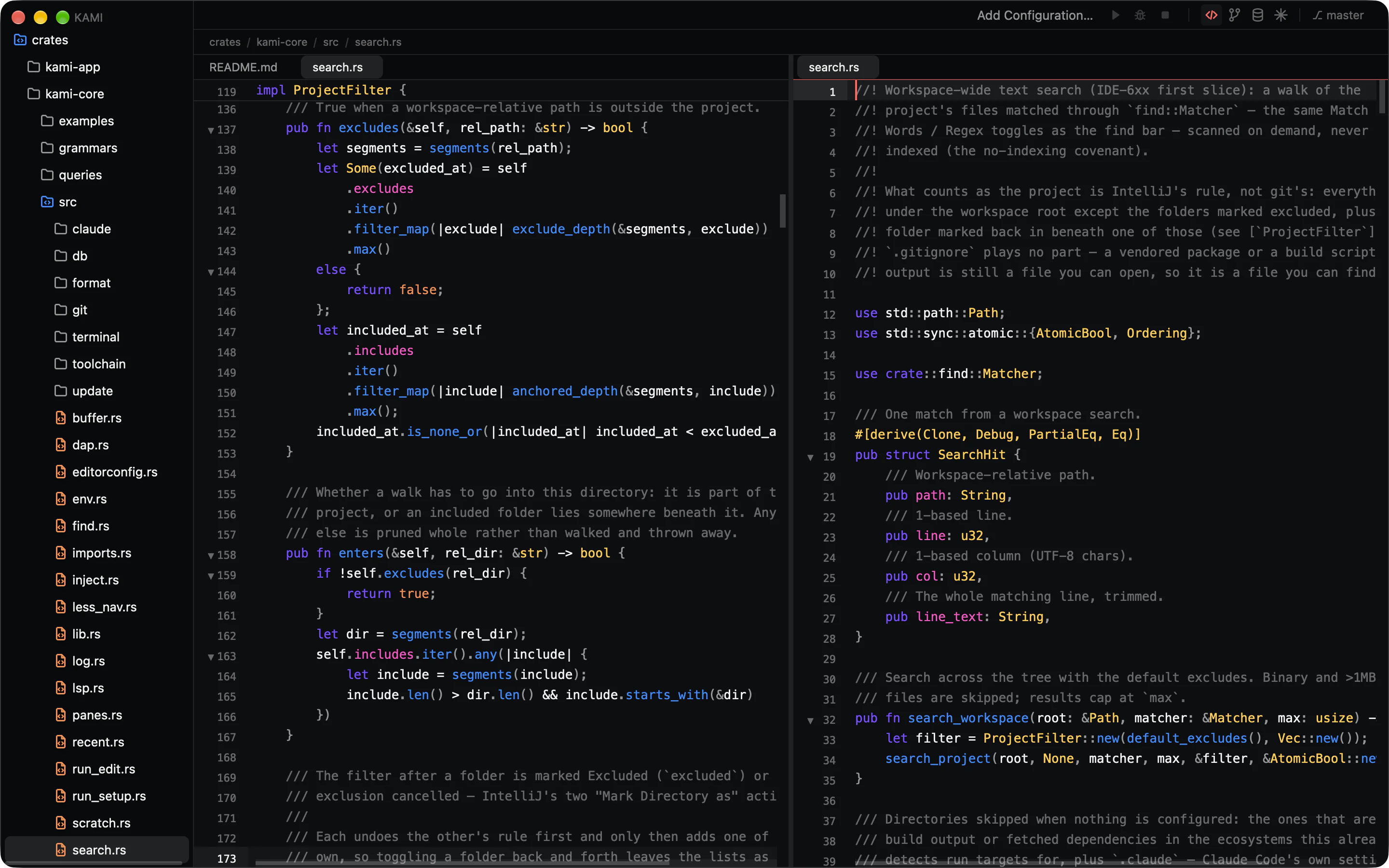 The Kami editor split in two panes on the same Rust file, with a sticky scope header and folding chevrons.