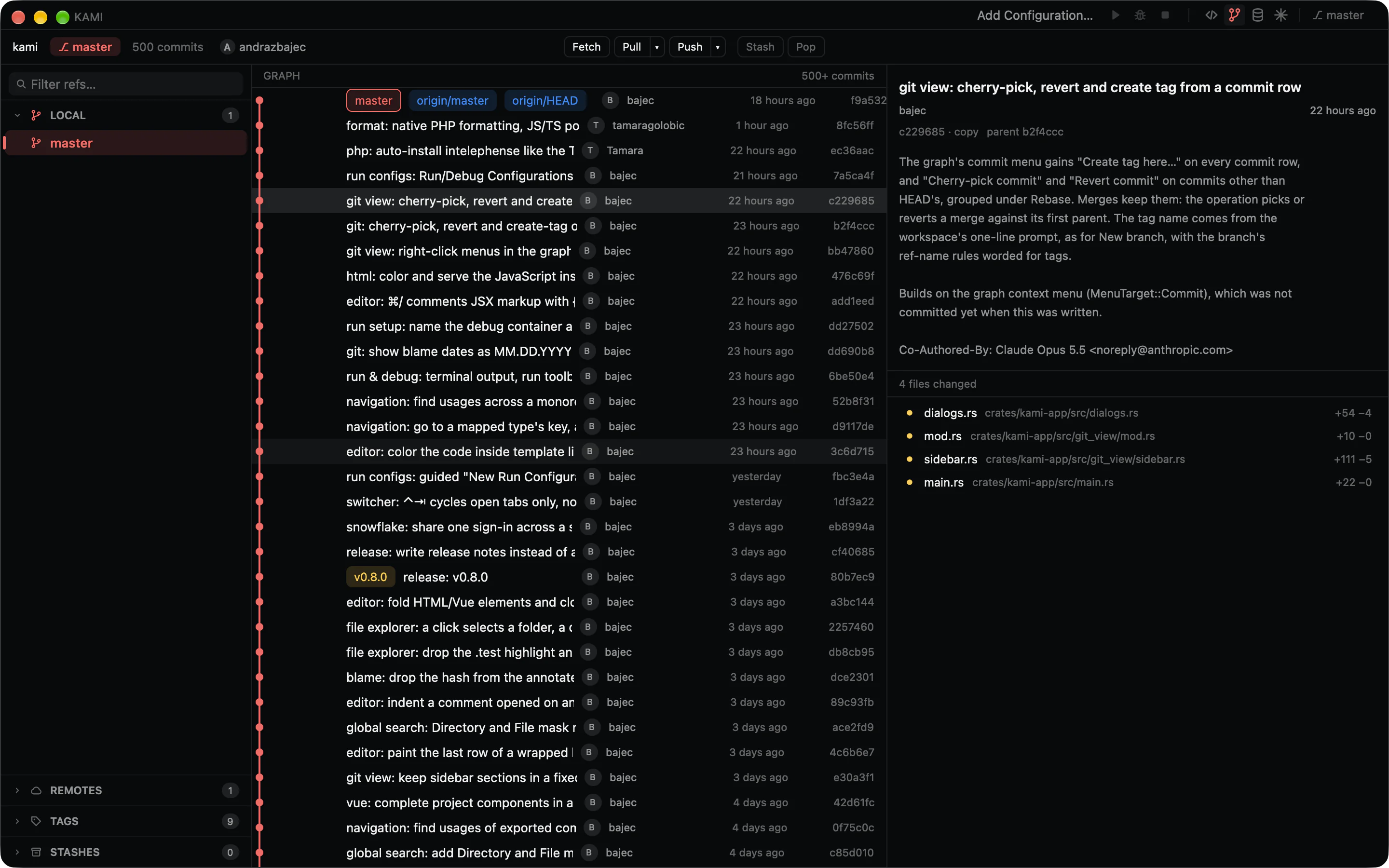 The Kami git view: branches in a sidebar, the commit log with its graph, and the selected commit’s message and changed files.